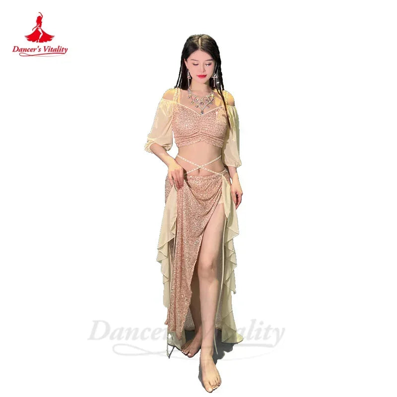 Belly Dance Costume Set for Women Short Sleeves Top+split Long Skirt 2pcs Oriental Professional Set Belly Dancing Wear Outfit