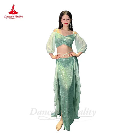 Belly Dance Costume Set for Women Short Sleeves Top+split Long Skirt 2pcs Oriental Professional Set Belly Dancing Wear Outfit