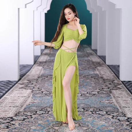 Belly Dance Suit Printing Mesh Top Short Sleeves Split Skirt Practice Clothes Set Female Elegant Performance Clothing Summer