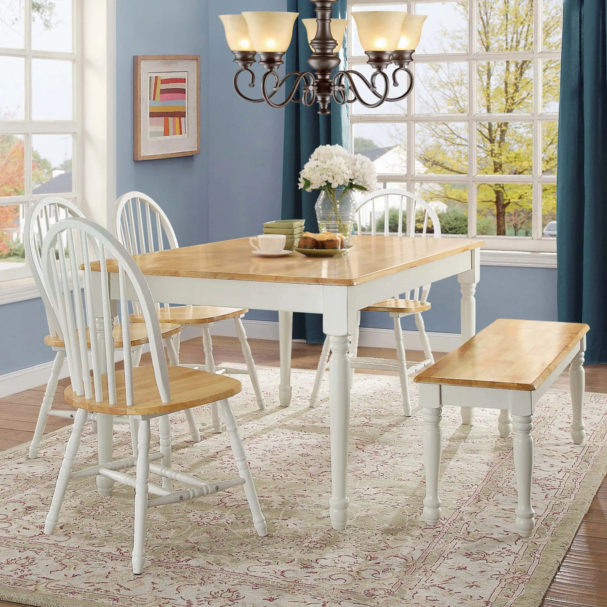 Better Homes & Gardens Autumn Lane Farmhouse Solid Wood Dining Bench, White and Natural Space Saving Furniture  Stool Chair