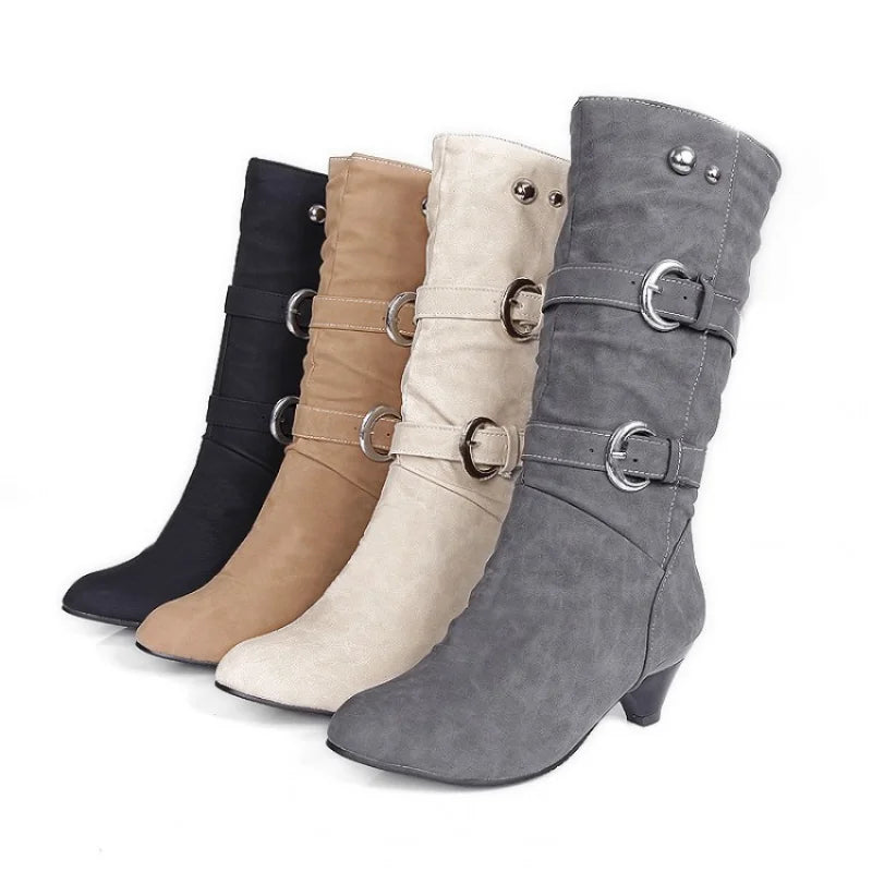 Big Size 34-43 Autumn Winter New PU Leather Buckle Chunky Heels Mid Calf Boots Round Toe Slip on Casual Women Shoes Roman Style