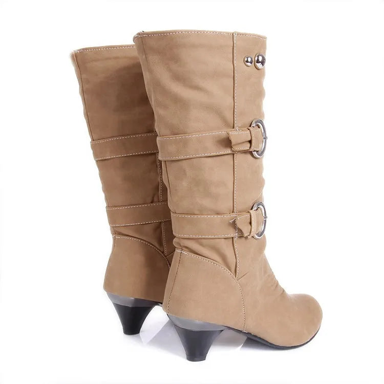 Big Size 34-43 Autumn Winter New PU Leather Buckle Chunky Heels Mid Calf Boots Round Toe Slip on Casual Women Shoes Roman Style