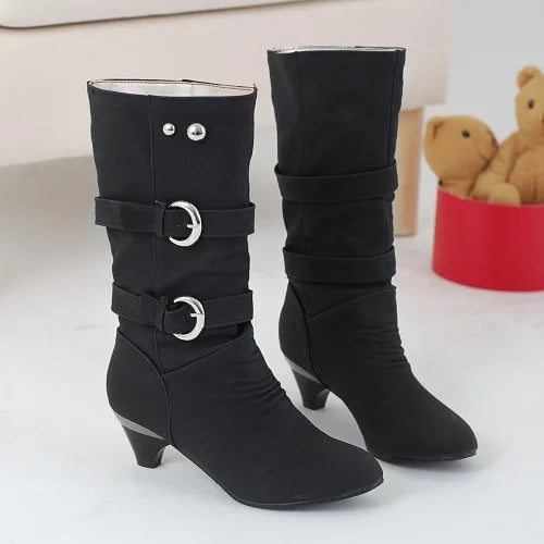 Big Size 34-43 Autumn Winter New PU Leather Buckle Chunky Heels Mid Calf Boots Round Toe Slip on Casual Women Shoes Roman Style