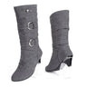 Big Size 34-43 Autumn Winter New PU Leather Buckle Chunky Heels Mid Calf Boots Round Toe Slip on Casual Women Shoes Roman Style