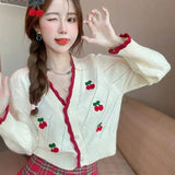 Biyaby Autumn Sweet Cherry Knit Cardigans Women 2023 Button Up V Neck Sweaters Woman High Street Patchwork Cardigan Mujer Ins