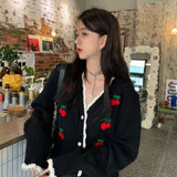 Biyaby Autumn Sweet Cherry Knit Cardigans Women 2023 Button Up V Neck Sweaters Woman High Street Patchwork Cardigan Mujer Ins