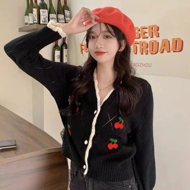 Biyaby Autumn Sweet Cherry Knit Cardigans Women 2023 Button Up V Neck Sweaters Woman High Street Patchwork Cardigan Mujer Ins