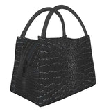 Black Crocodile Skin Leather 3D Print Insulated Lunch Tote Bag for Women Alligator Texture Resuable Thermal Cooler Bento Box