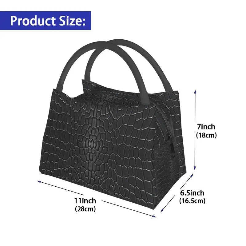 Black Crocodile Skin Leather 3D Print Insulated Lunch Tote Bag for Women Alligator Texture Resuable Thermal Cooler Bento Box