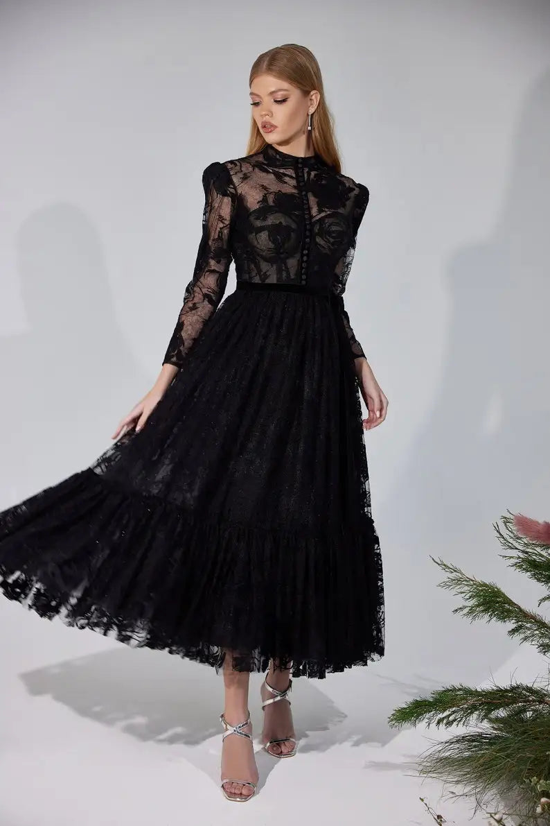 Black Evening Dress Tea-Length Lace Prom Dress Party Dress High Neck Long Sleeves A Line Cocktail Bridesmaid Evening Gowns