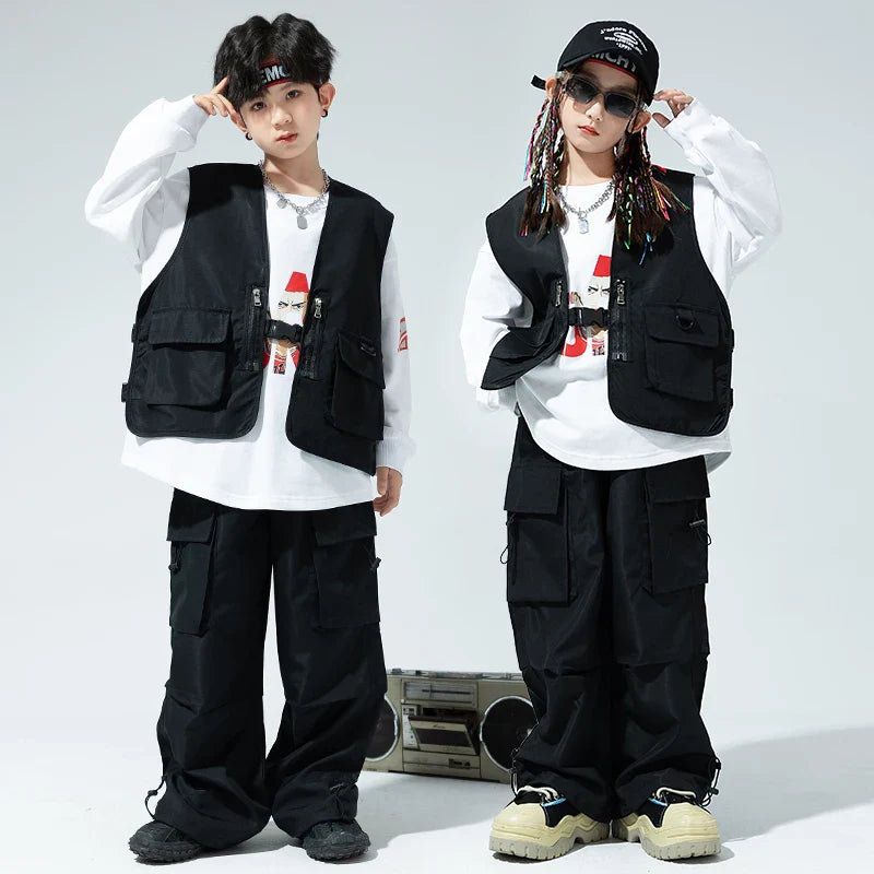 Black Hip Hop Clothing Girls Solid Vest Cagro Pants Boys Street Dance Joggers Child Streetwear Kids Costumes Jazz Stage Clothes