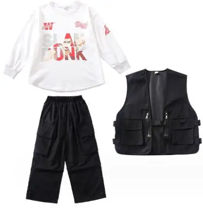 Black Hip Hop Clothing Girls Solid Vest Cagro Pants Boys Street Dance Joggers Child Streetwear Kids Costumes Jazz Stage Clothes