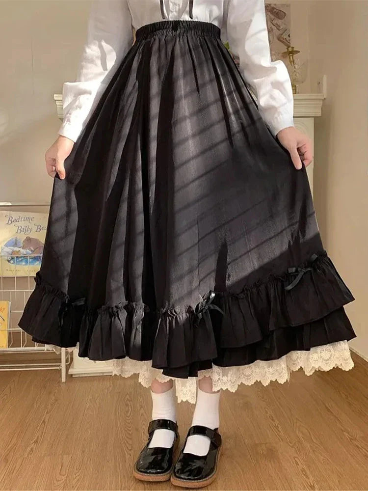 Black Long Skirts Women Japanese Kawaii Preppy Style Lolita Skirt Female French Vintage Double Layer Lace Ruffled Pleated Skirts