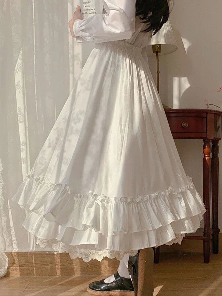 Black Long Skirts Women Japanese Kawaii Preppy Style Lolita Skirt Female French Vintage Double Layer Lace Ruffled Pleated Skirts
