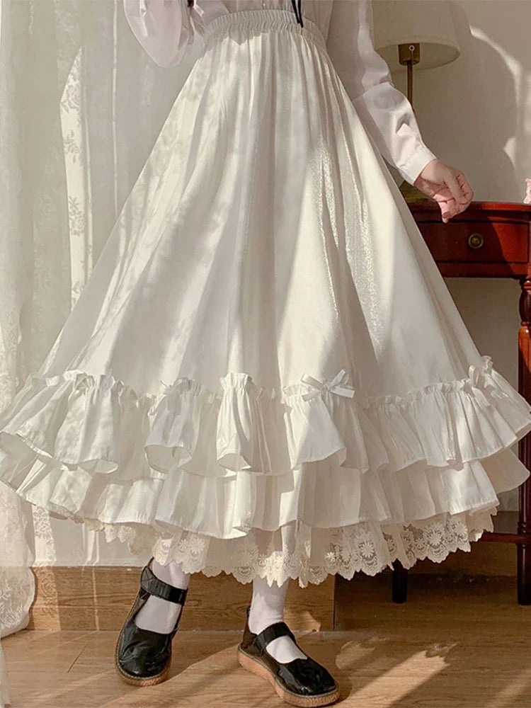 Black Long Skirts Women Japanese Kawaii Preppy Style Lolita Skirt Female French Vintage Double Layer Lace Ruffled Pleated Skirts