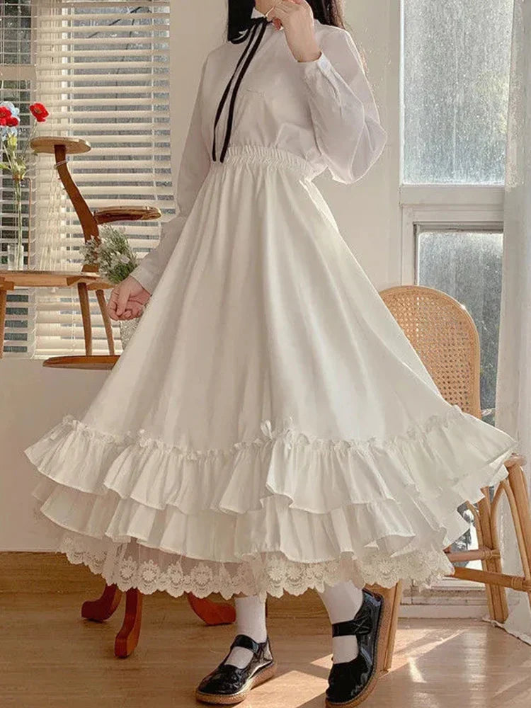 Black Long Skirts Women Japanese Kawaii Preppy Style Lolita Skirt Female French Vintage Double Layer Lace Ruffled Pleated Skirts