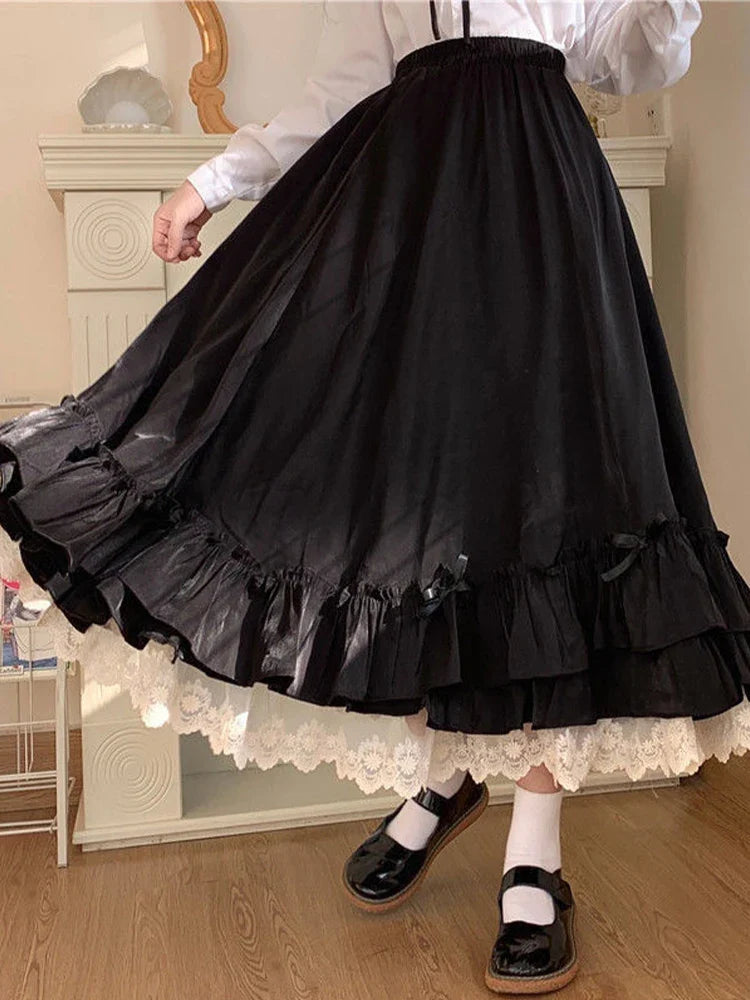 Black Long Skirts Women Japanese Kawaii Preppy Style Lolita Skirt Female French Vintage Double Layer Lace Ruffled Pleated Skirts