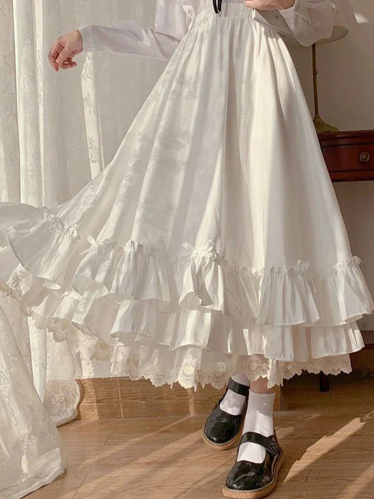 Black Long Skirts Women Japanese Kawaii Preppy Style Lolita Skirt Female French Vintage Double Layer Lace Ruffled Pleated Skirts