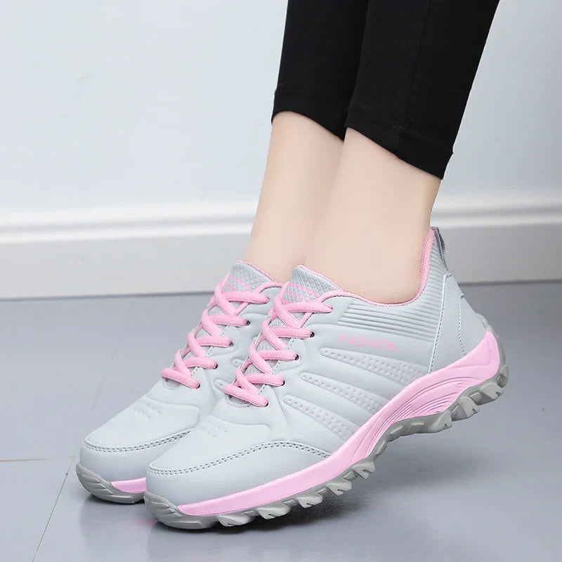 Black PU Leather Sneakers for Women Running Shoes Non Slip Tennis Soft Thick Sole Casual Light Sports Lightly Waterproof Design