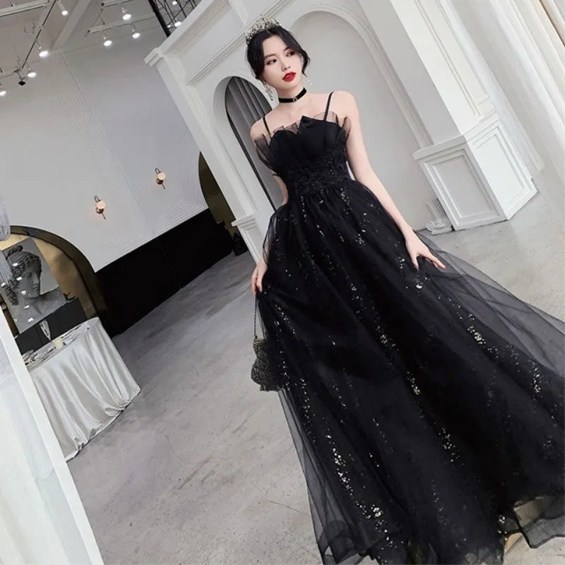 Black long sweat sequined lady girl women princess bridesmaid banquet party ball prom performance dress gown free shipping