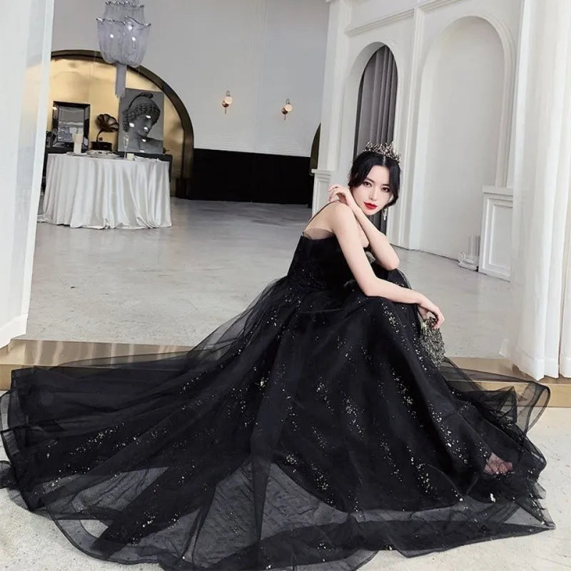 Black long sweat sequined lady girl women princess bridesmaid banquet party ball prom performance dress gown free shipping