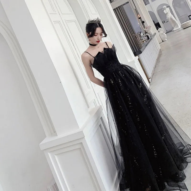 Black long sweat sequined lady girl women princess bridesmaid banquet party ball prom performance dress gown free shipping