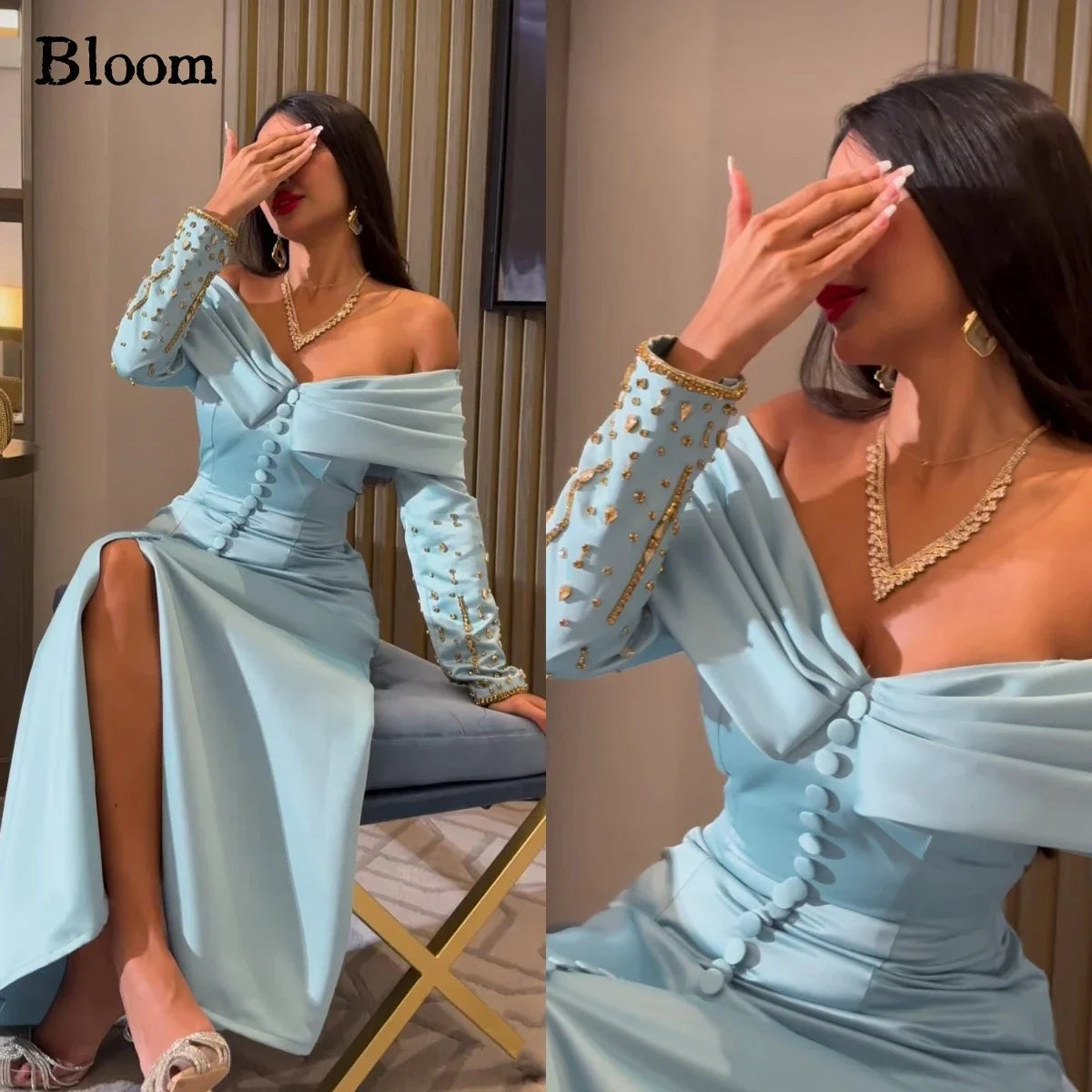 Bloom Off Shoulder Prom Dresses Gold Beads Long Sleeves Buttons Formal Evening Dresses Wedding Party Dress vestidos de gala