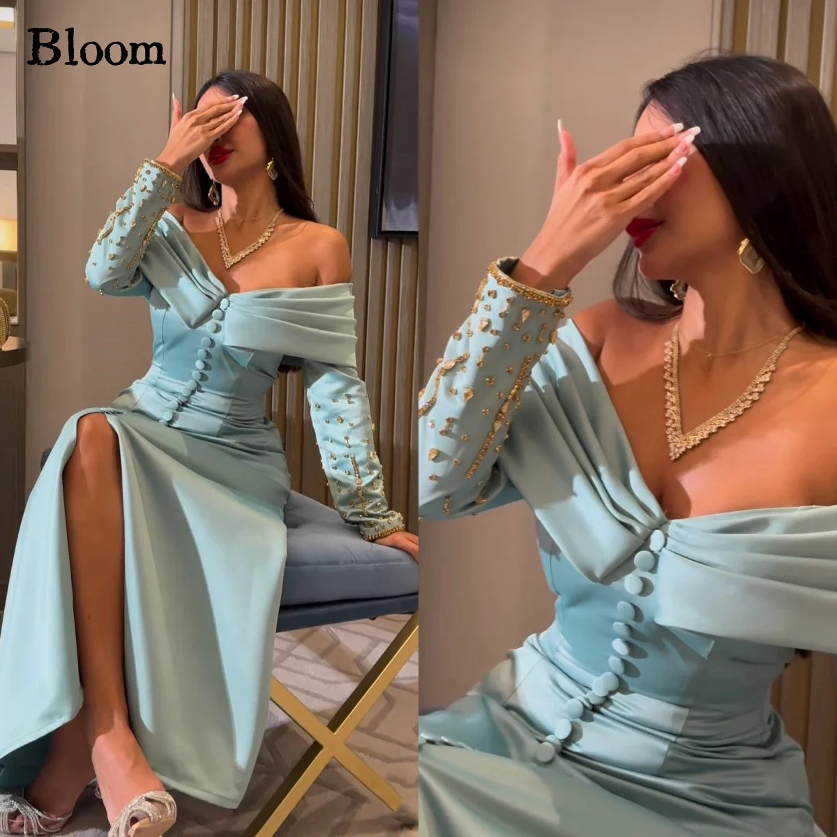 Bloom Off Shoulder Prom Dresses Gold Beads Long Sleeves Buttons Formal Evening Dresses Wedding Party Dress vestidos de gala