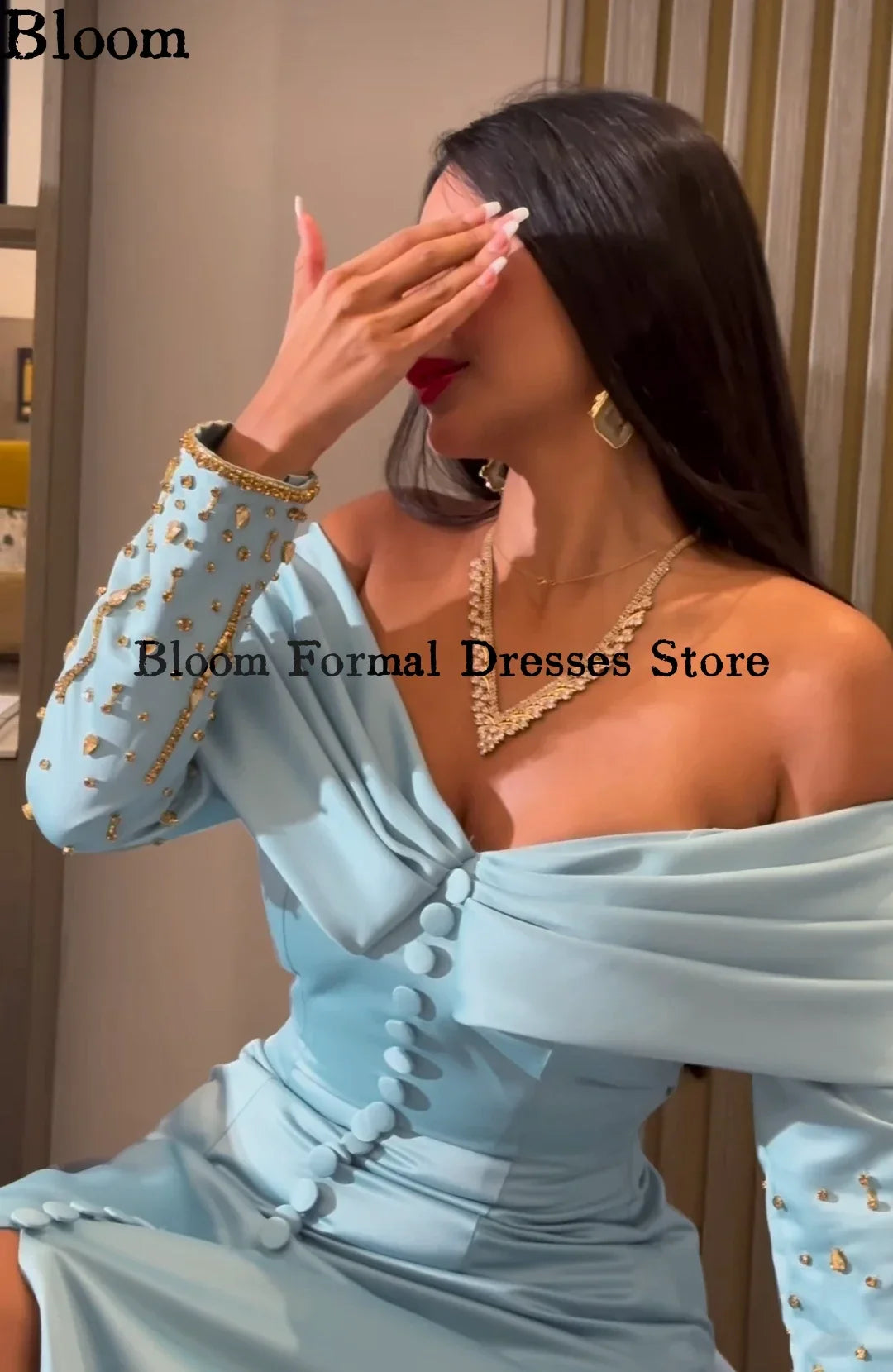 Bloom Off Shoulder Prom Dresses Gold Beads Long Sleeves Buttons Formal Evening Dresses Wedding Party Dress vestidos de gala