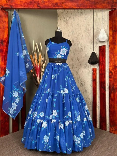 Blue Print Lehenga Choli Strap Blouse Flower Print Dress Indian Clothing Semi Stitch