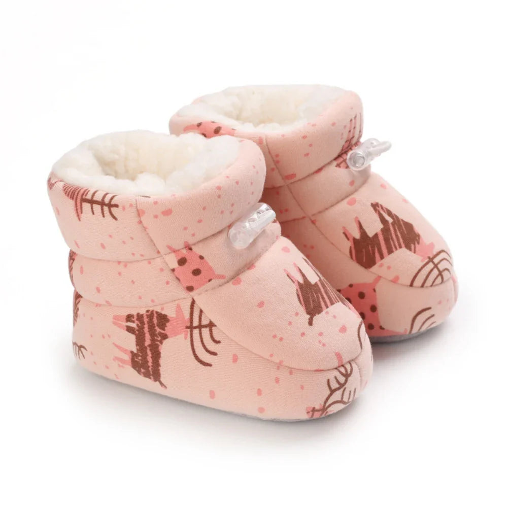 Bobora Winter Baby Boots Infant Girls Boys Warm Snow Boots Fashion Cartoon Print First Walkers Newborn Plush Solid Ball Bootas