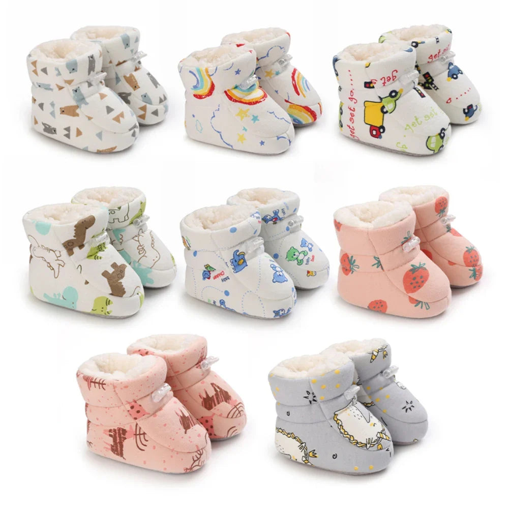 Bobora Winter Baby Boots Infant Girls Boys Warm Snow Boots Fashion Cartoon Print First Walkers Newborn Plush Solid Ball Bootas