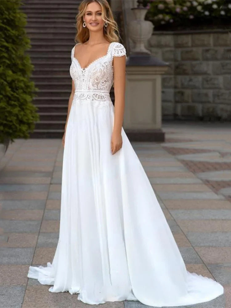 Boho Lace Chiffon V-Neck Wedding Dresses 2022 Backless Beach Bride Dress Cap Sleeve Sweep Train Bohemian Robe De Mariee A Line