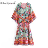 Boho Queens Women Green Peacock Floral Print Bat Sleeve Beach Bohemian Dresses Kimono Ladies V Neck Boho Maxi Dress