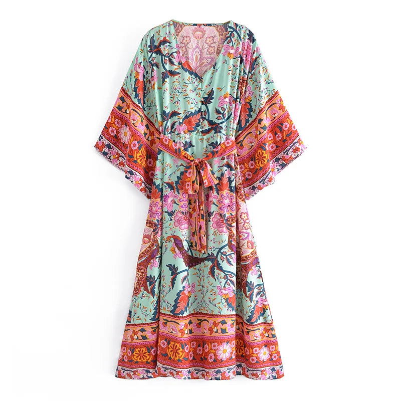 Boho Queens Women Green Peacock Floral Print Bat Sleeve Beach Bohemian Dresses Kimono Ladies V Neck Boho Maxi Dress