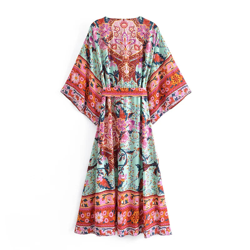 Boho Queens Women Green Peacock Floral Print Bat Sleeve Beach Bohemian Dresses Kimono Ladies V Neck Boho Maxi Dress