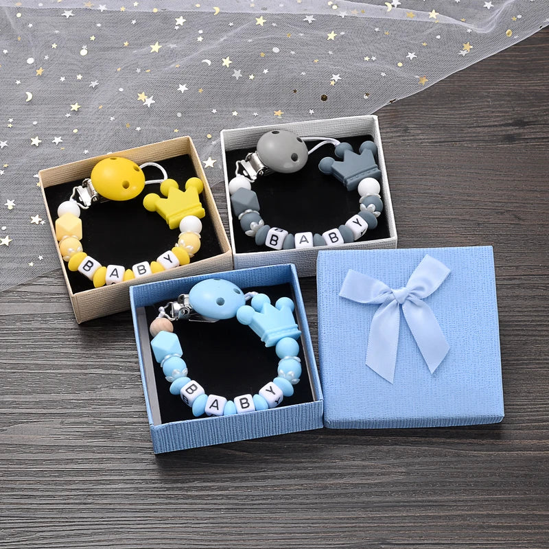 Boxed Personalized Name Baby Nipple Clips Silicone Beaded Soother Pacifier Chains DIY Nursing Toys Anti-Drop Dummy Holder Chain