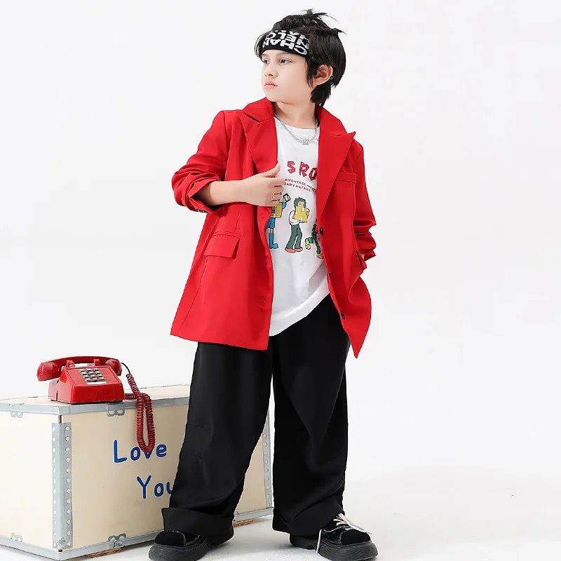 Boys Clothes Kpop Jazz Modern Dance Costume Red Blazer Black Pant White Letter Print T-shirt Kids Hip Hop Dance Performance Wear