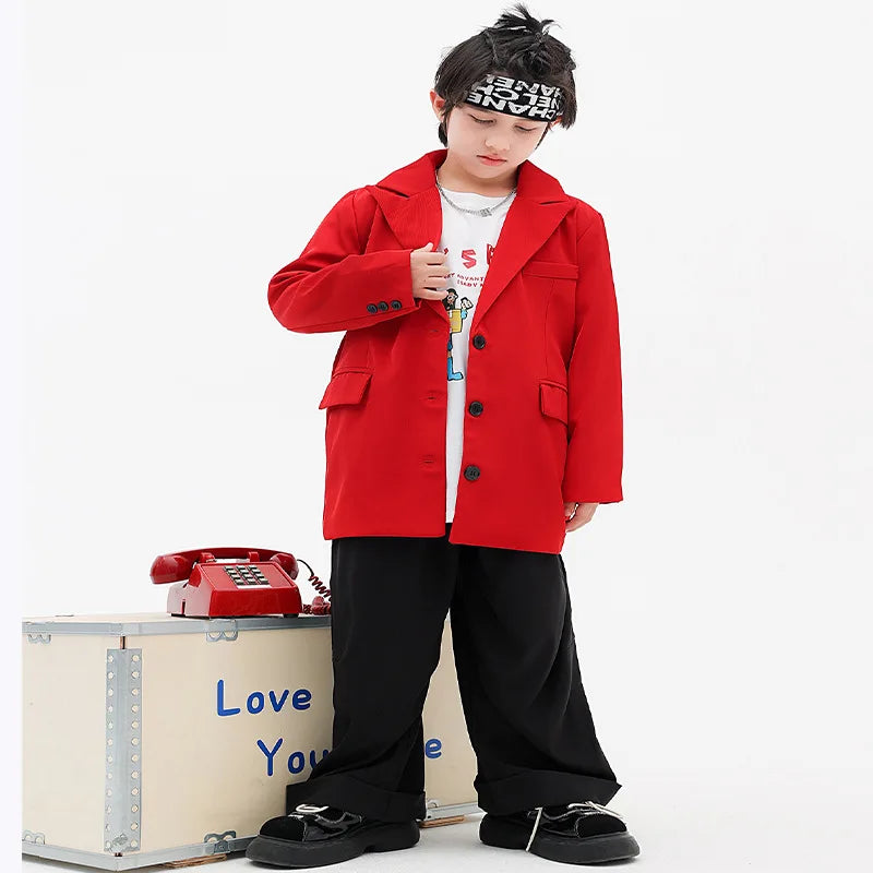 Boys Clothes Kpop Jazz Modern Dance Costume Red Blazer Black Pant White Letter Print T-shirt Kids Hip Hop Dance Performance Wear