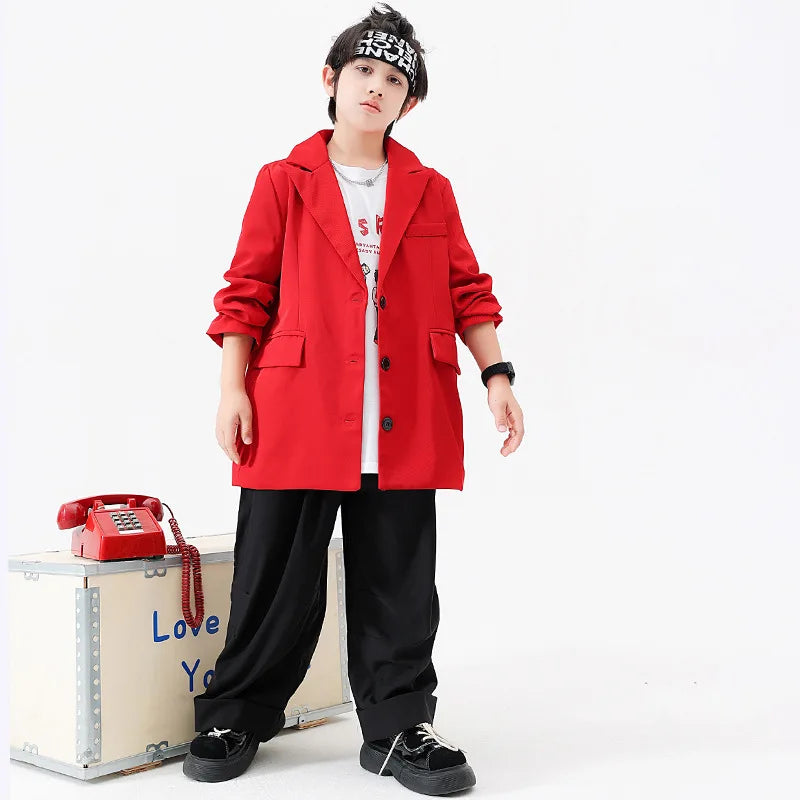 Boys Clothes Kpop Jazz Modern Dance Costume Red Blazer Black Pant White Letter Print T-shirt Kids Hip Hop Dance Performance Wear