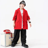 Boys Clothes Kpop Jazz Modern Dance Costume Red Blazer Black Pant White Letter Print T-shirt Kids Hip Hop Dance Performance Wear