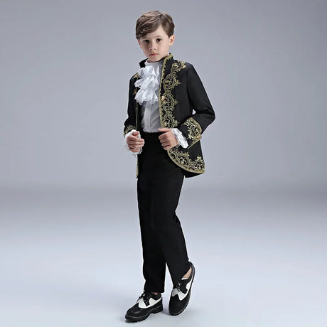 Boys European Style Court Drama Costume Children Golden Flower Stage Prince Charming Performance Clothing Set Kids Blazer Pants