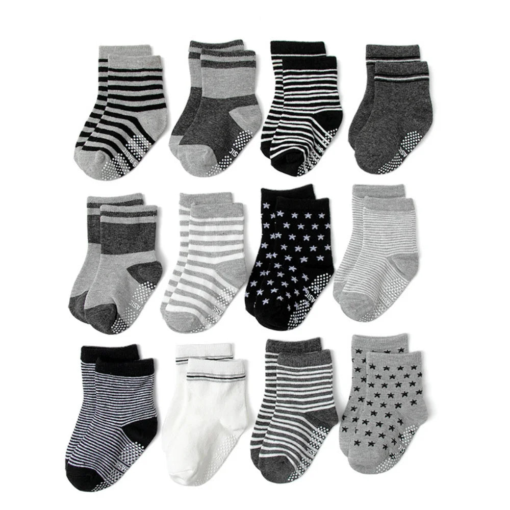 Boys Girls 12 Pairs Cotton Non Slip Socks Newborn Baby 1-3year Anti Skid Soles Floor Unisex Sock for Infants Toddlers Grip Kids