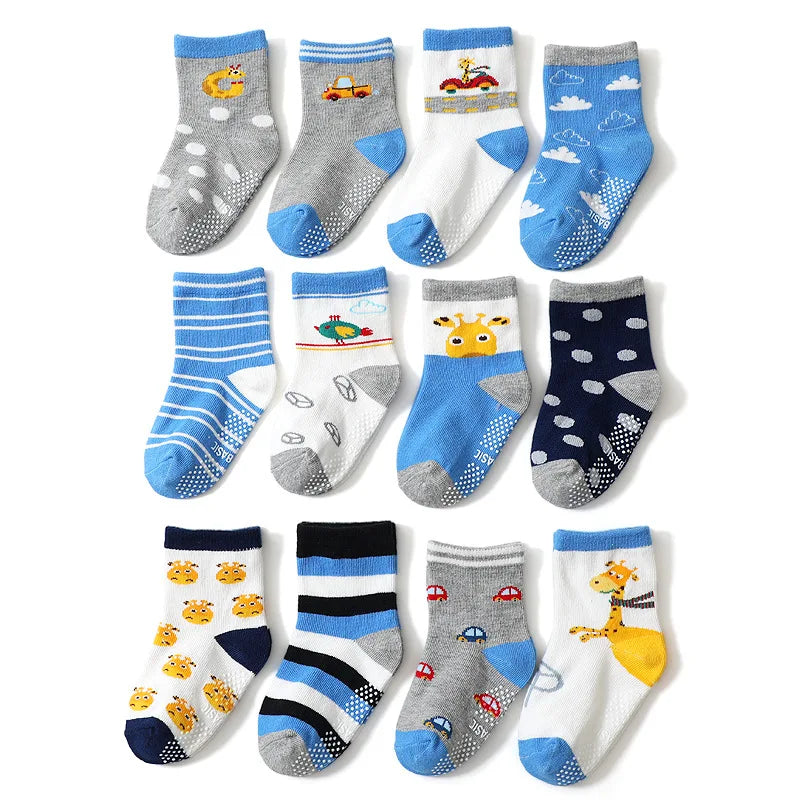 Boys Girls 12 Pairs Cotton Non Slip Socks Newborn Baby 1-3year Anti Skid Soles Floor Unisex Sock for Infants Toddlers Grip Kids