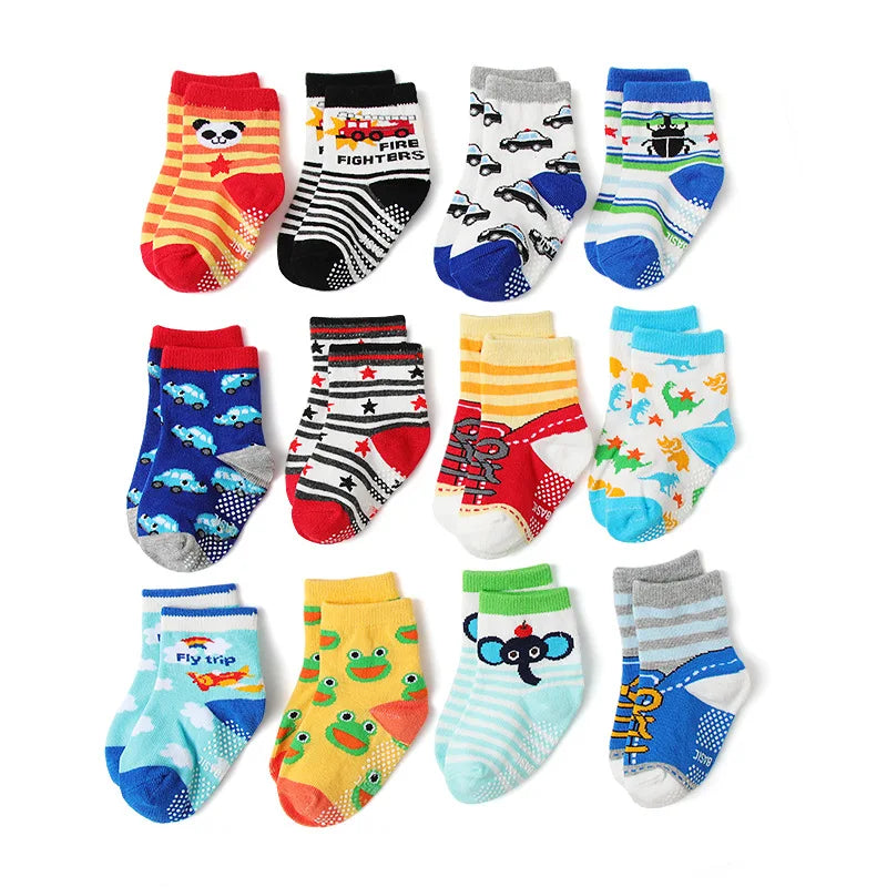 Boys Girls 12 Pairs Cotton Non Slip Socks Newborn Baby 1-3year Anti Skid Soles Floor Unisex Sock for Infants Toddlers Grip Kids