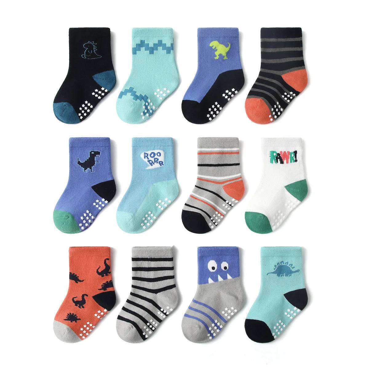 Boys Girls 12 Pairs Cotton Non Slip Socks Newborn Baby 1-3year Anti Skid Soles Floor Unisex Sock for Infants Toddlers Grip Kids