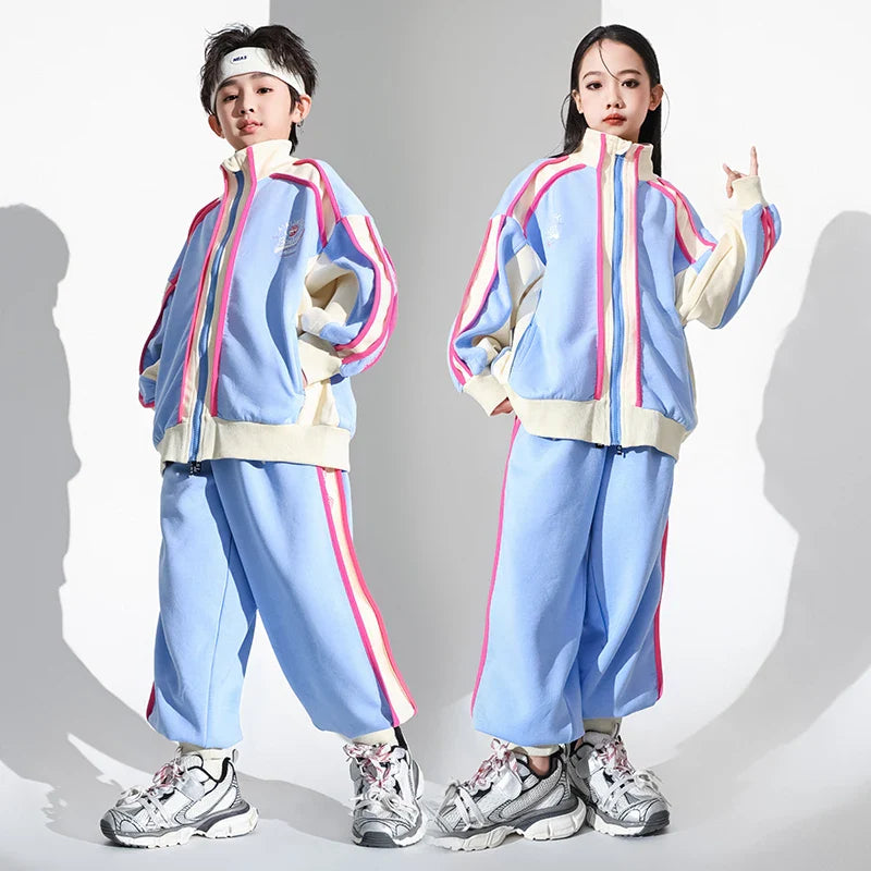 Boys Hip Hop Blue Coat Joggers Girls Sport Bomber Jacket Street Dance Pants Kids Streetwear Children Patchwork Jazz Clothes Sets