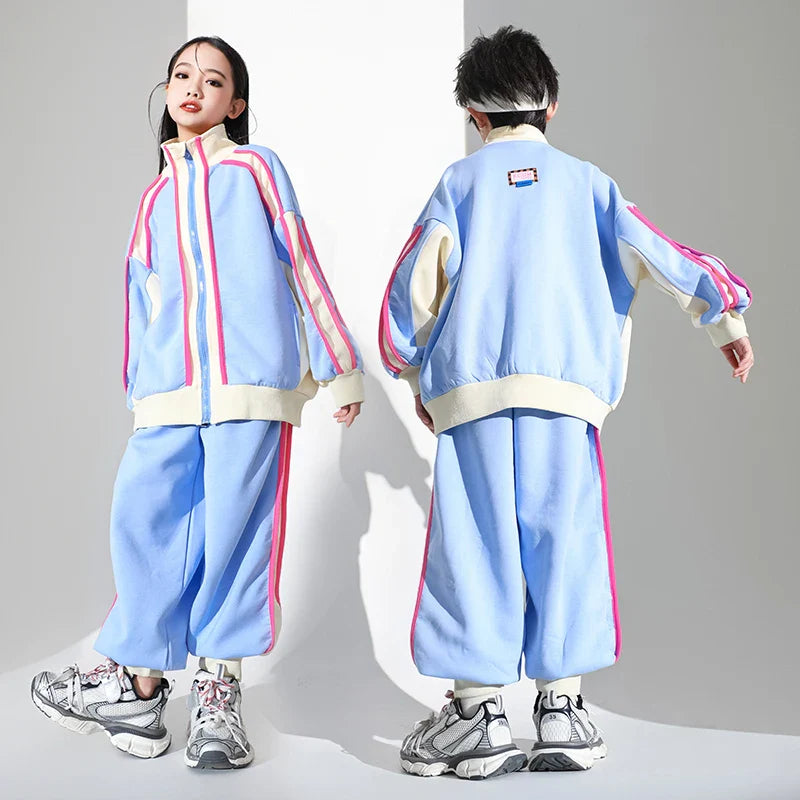 Boys Hip Hop Blue Coat Joggers Girls Sport Bomber Jacket Street Dance Pants Kids Streetwear Children Patchwork Jazz Clothes Sets