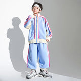 Boys Hip Hop Blue Coat Joggers Girls Sport Bomber Jacket Street Dance Pants Kids Streetwear Children Patchwork Jazz Clothes Sets