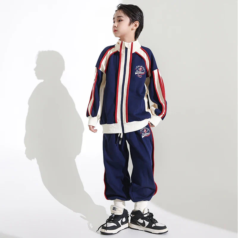 Boys Hip Hop Blue Coat Joggers Girls Sport Bomber Jacket Street Dance Pants Kids Streetwear Children Patchwork Jazz Clothes Sets